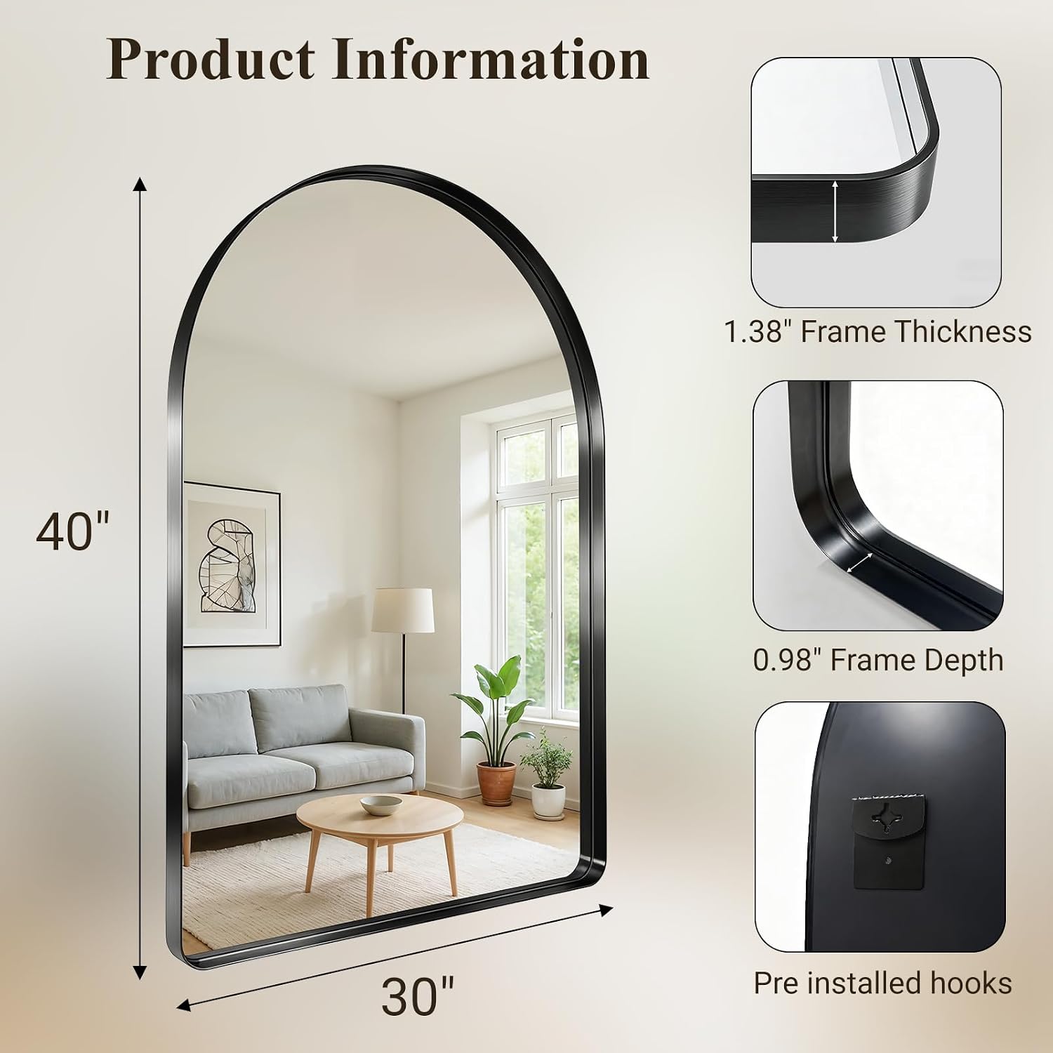 40"x30" Black Arched Mirror, Arched Wall... 8 40"x30" Black Arched Mirror, Arched Wall... - Image 8