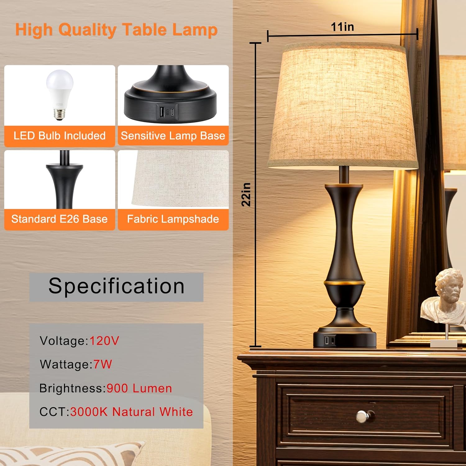 Touch Lamps for Nightstand, 3 Way Dimmab... 5 Touch Lamps for Nightstand, 3 Way Dimmab... - Image 5