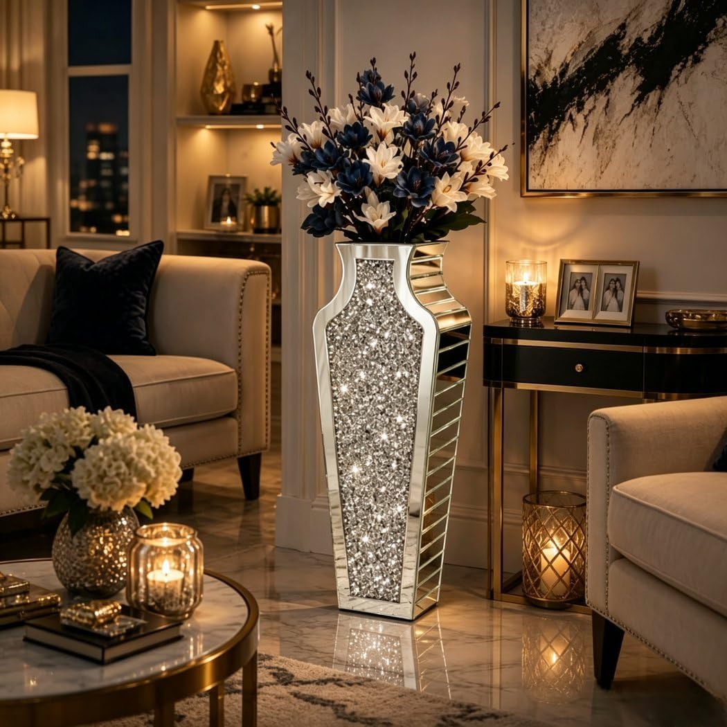 27" Tall Diamond Mirrored Floor Vase Sil... 4 27" Tall Diamond Mirrored Floor Vase Sil... - Image 4