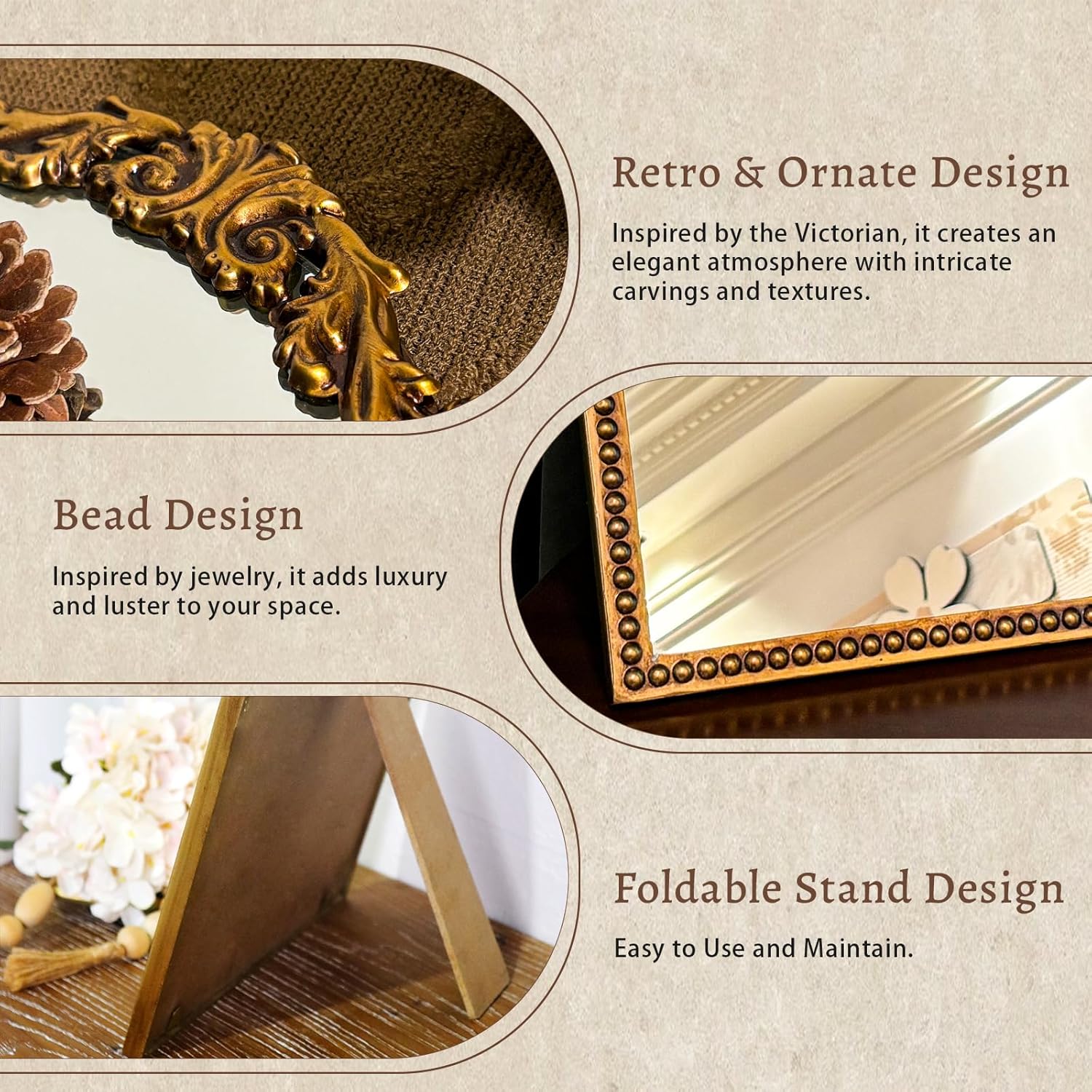 Vintage Makeup Mirror, 12.1"x 9.8" Gold ... 3 Vintage Makeup Mirror, 12.1"x 9.8" Gold ... - Image 3