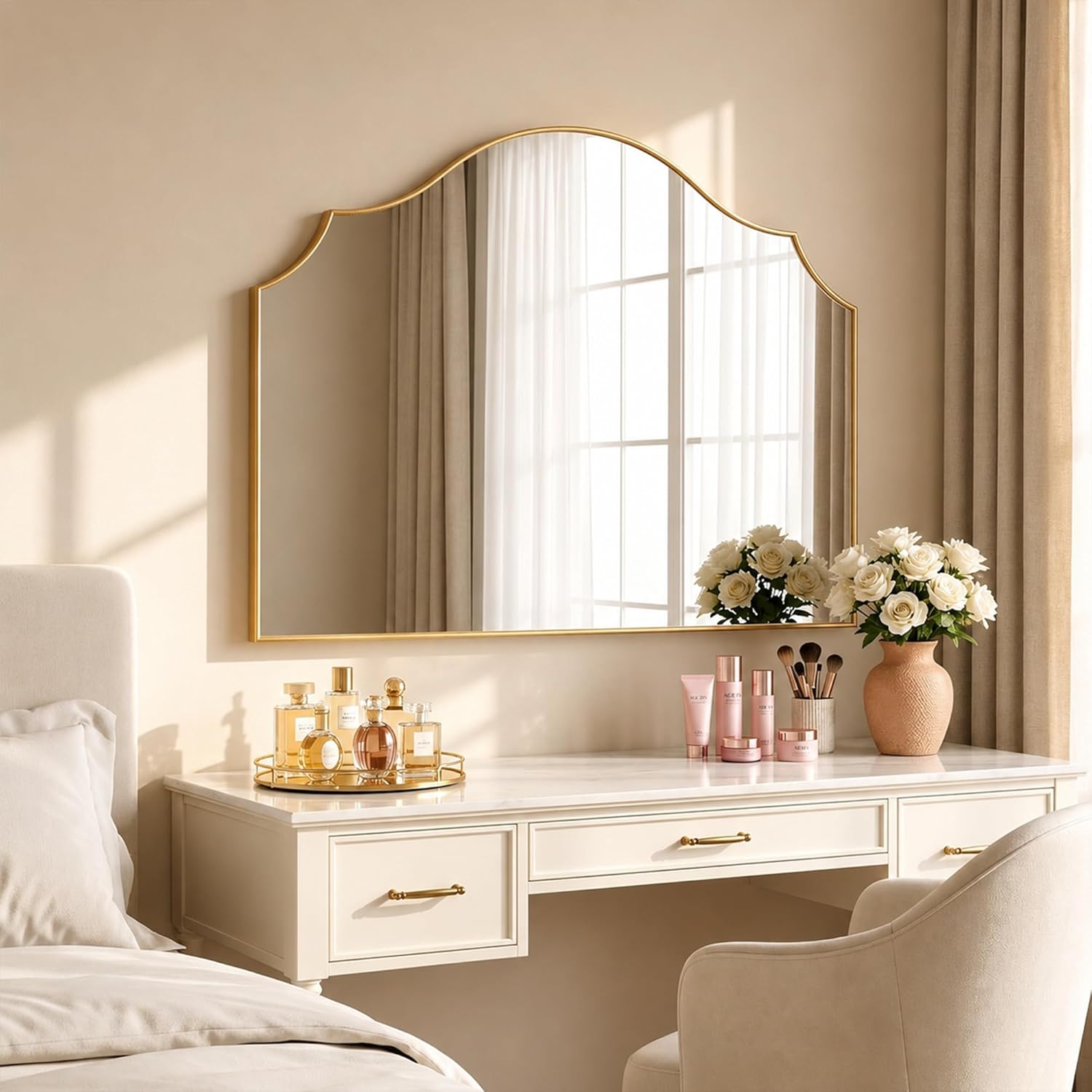 26"x35" Gold Arched Wall Mirror, Decorat... 2 26"x35" Gold Arched Wall Mirror, Decorat... - Image 2