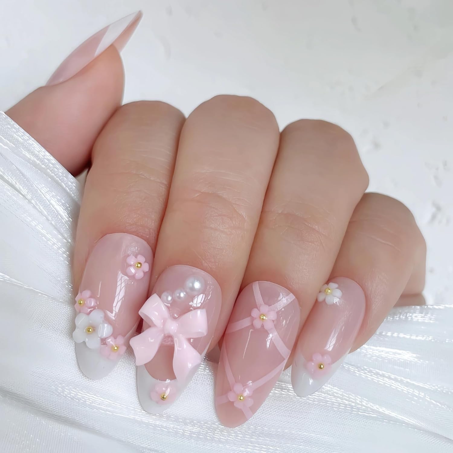 Blush Bow French Press on Nails Medium A... 2 Blush Bow French Press on Nails Medium A... - Image 2