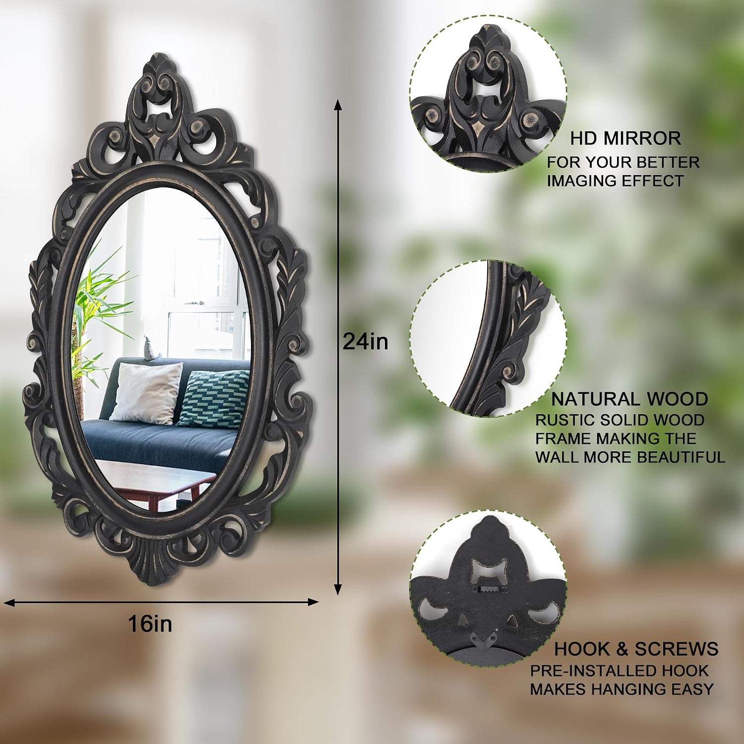 Black Oval Wooden Frame Vintage Wall Mir... 2 Black Oval Wooden Frame Vintage Wall Mir... - Image 2